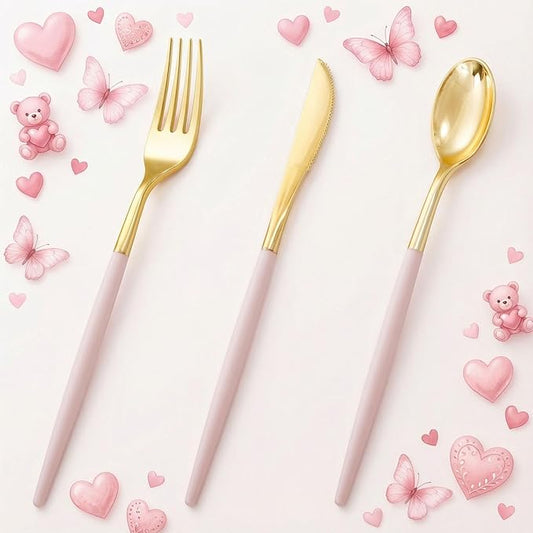 I00000 60 Pack Pink Plastic Silverware,Gold Disposable Flatware with Pink Handle, Gold Plastic Cutlery Set Includes: 20 Forks, 20 Knives and 20 Spoons, Tableware Set for Party and Wedding