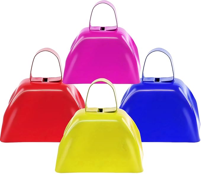 Cow Bells Noise Makers for Sporting Events, 4PCS Metal Cowbells with Handle - Small Loud Bell Bulk Hand Percussion Noisemakers for Football Games Graduation Sporting Events Weddings