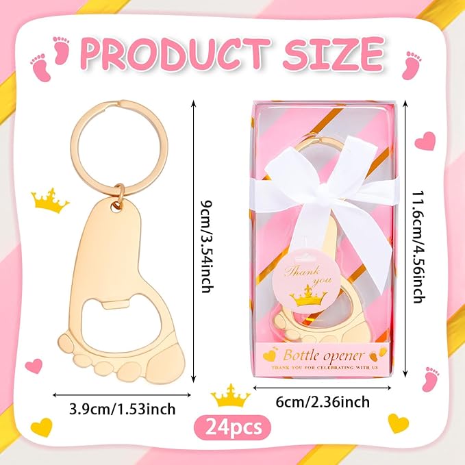 24Pcs Baby Girl Foot Keychain Footprint Bottle Openers Small Foot Bottle Opener Keychain Souvenir for Guests Baby Shower Return Gift for Party Favors with Pink Boxes Gifts or Decorations