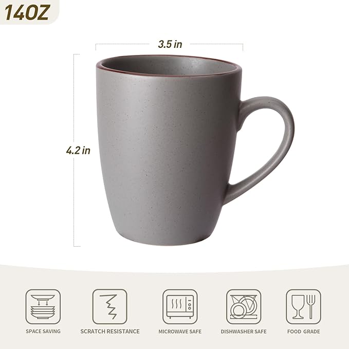 famiware Venus Coffee Mugs for 4, 12 oz Mug Set, Dringking Cup with Handle for Coffee, Tea, Cocoa, Milk, Dark Grey (Pack of 2)