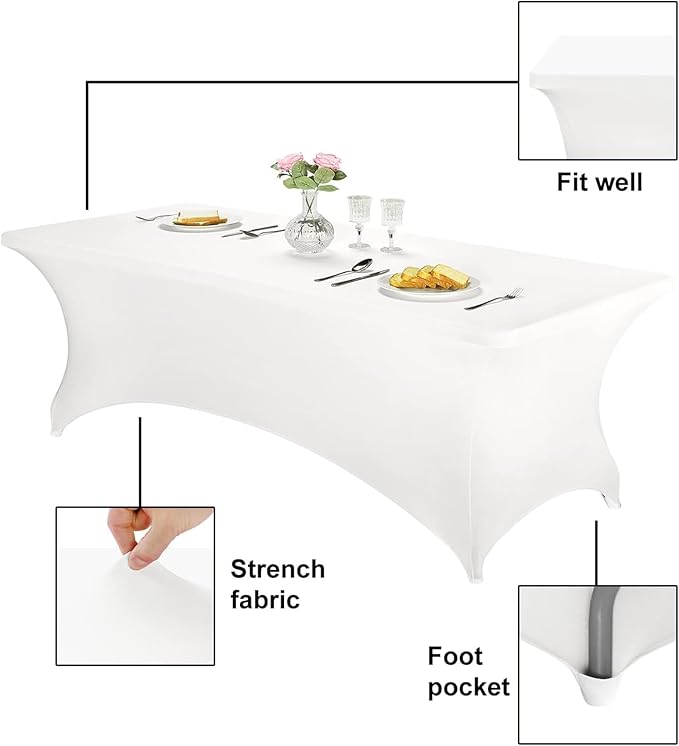 FORLIFE 6Pack Spandex Table Covers 8ft，Fitted Tablecloth for 8ft Rectangular Tables, Stretch Patio Table Covers, Universal Spandex Table Cover for Wedding, Banquet, Party - White