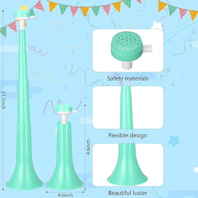 6 Pieces Stadium Horn Noisemakers for Adult, 21 Inch Vuvuzela Plastic Trumpet, Light Green