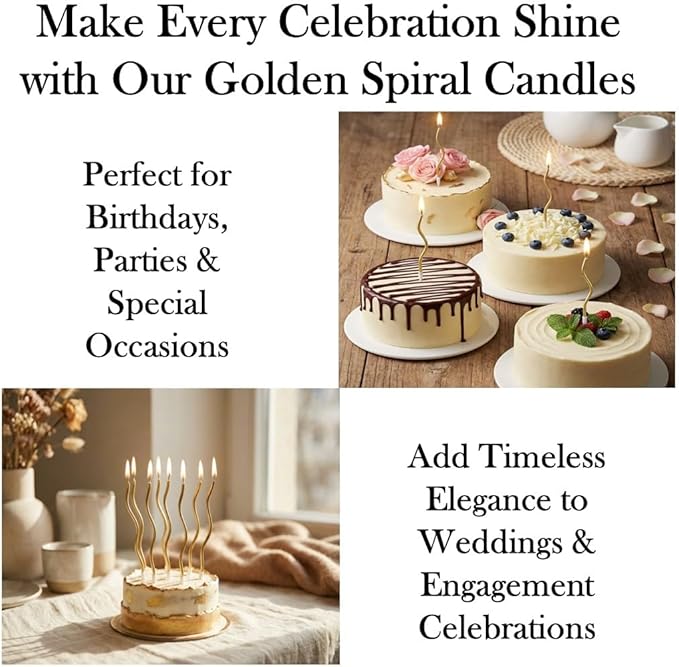 Pack of 12 Pieces Long Twisty Gold Party Candles with Candle Holders, Gold Spiral Birthday Candles for Cakes, Tall Candles for Wedding, Birthday, Party Decorations, Anniversary and Meetups