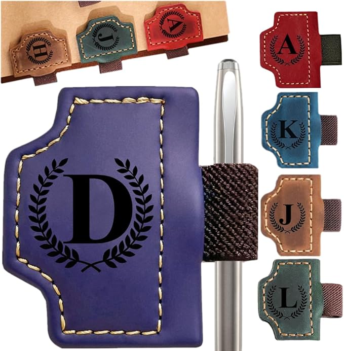 Custom Bookmark with Pen Holder with 26 Letters Personalized Magnetic Leather Book Mark, Customized Name Book Marker Clip with Initial for Men Women, Gifts for Book Lovers, Readers, (Purple, D)