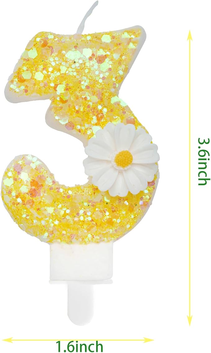 Birthday Candle 3, Yellow Flower Number 3 Candle for Cake Theme Party Supplies