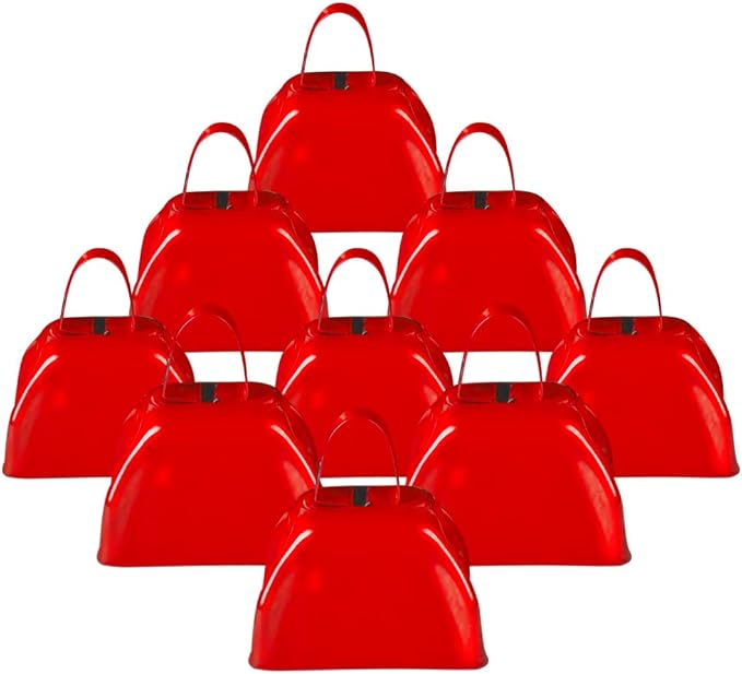 ArtCreativity 3 Inch Red Metal Cowbell Noisemakers - Pack of 12 - Loud Metal Cowbell Noise Makers with Handles, Great for Football Games, Sporting Events, New Year’s Eve, for Kids and Adults