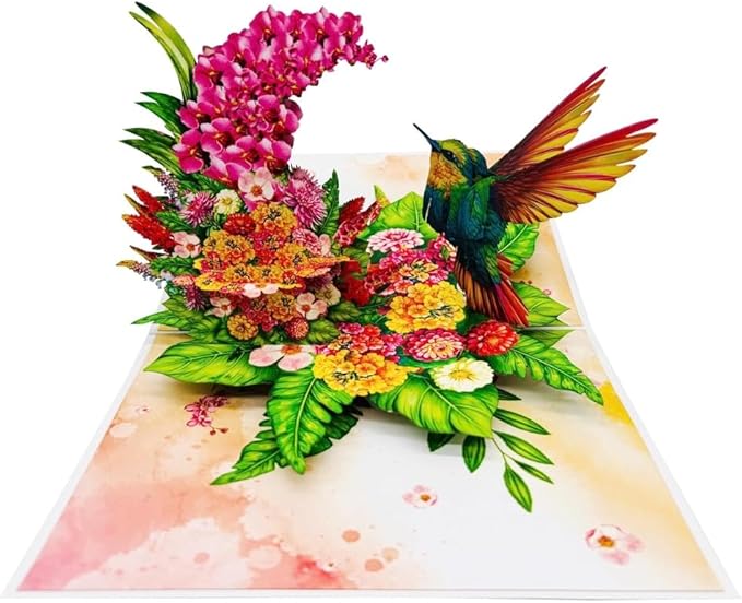 3D Pop Up Greeting Card – Colorful Hummingbird with Floral Garden – Unique Card for Birthday, Mother’s Day, Anniversary & Special Occasions, F62