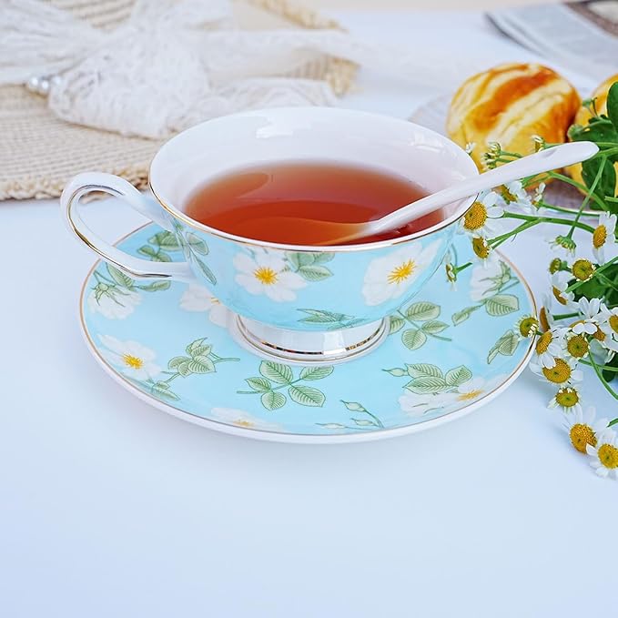 Bone China Tea Cup and Saucer Set with Spoon，Elegant Floral Tea Cup Set (7 oz)，British Coffee Latte Mug for Mother's Day Gifts