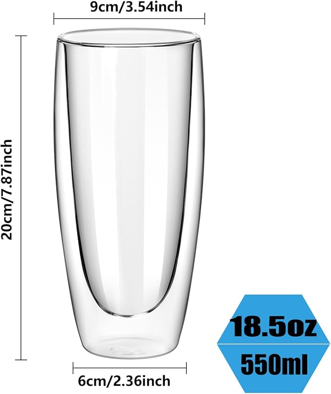 18.5oz Glass Coffee Mugs Set of 2, Double Walled Espresso Cups for Latte Cappuccino Cocoa Milk Cafe Juice, Clear Glass Tea Cup Set Glassware Gift for Christmas Birthday (18.5oz-2Pack)