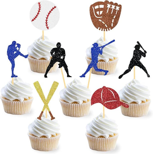 24Pcs Glitter Baseball Cupcake Toppers - Baseball Party Decorations, Including Player Toppers for Baby Showers