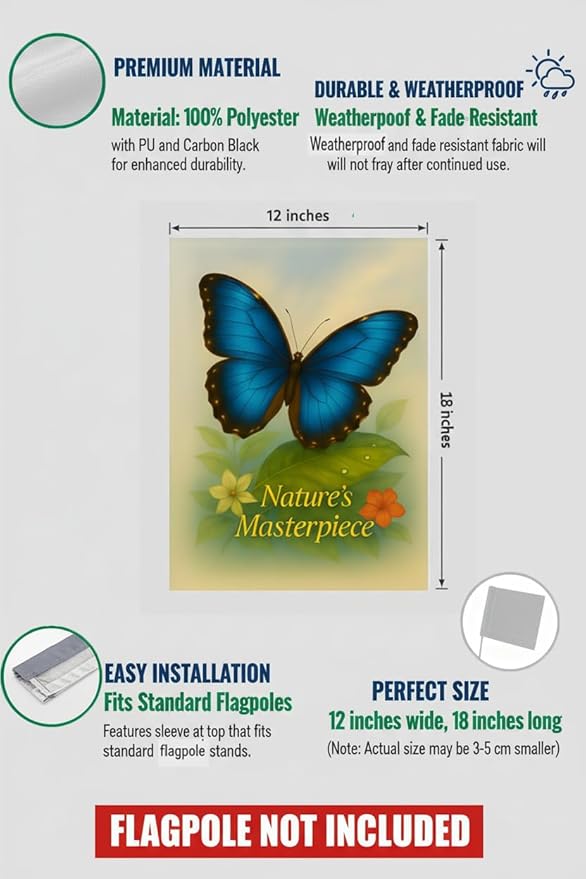 FLAGMEUP8386 Welcome Butterfly Garden Flag 12x18 Inch Double-Sided Polyester Yard Banner with Blue Morpho Tropical Leaves, Fall Flag for Seasonal Garden Decoration with Nature’s Masterpiece Quote