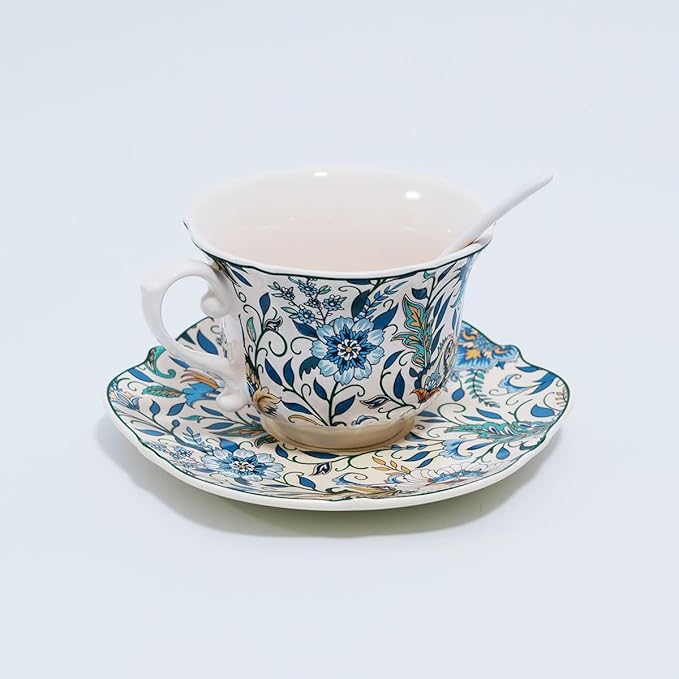 Bone China Tea Cup and Saucer Set with Spoon，Elegant Floral Tea Cup Set (7 oz)，British Coffee Latte Mug for Mother's Day Gifts