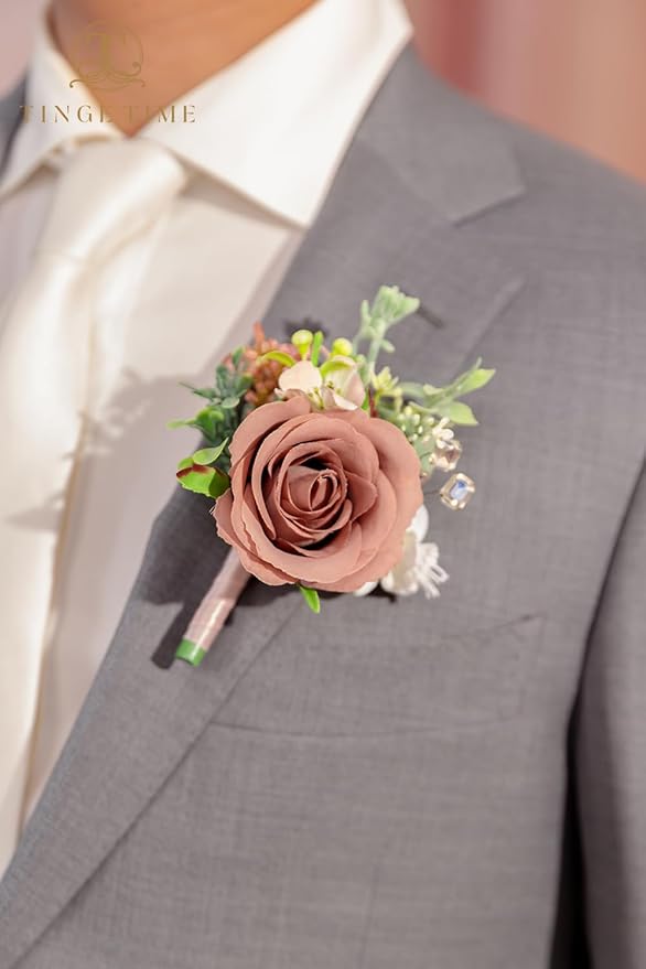 TINGE TIME Boutonniere for Men Wedding,Groom and Best Man Boutonniere for Wedding Ceremony Anniversary, Formal Dinner Party and Rustic Spring Marriage (10, DustyRose&Champagne)
