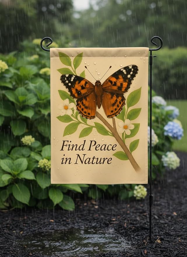FLAGMEUP8386 Welcome Butterfly Garden Flag 12x18 Inch Double-Sided Polyester Fall Flag with Painted Lady on Branch and Blossoms, “Find Peace in Nature Quote Seasonal Lawn Decoration