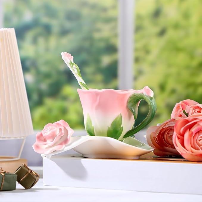 Dandat Ceramic Rose Tea Cups and Saucers with Spoon Rose Flower Shaped Cup and Sauce Set Cute Tea Cups Flower Mug Valentine Birthday Christmas Gifts for Home Office Kitchen, 6 oz(Pink)