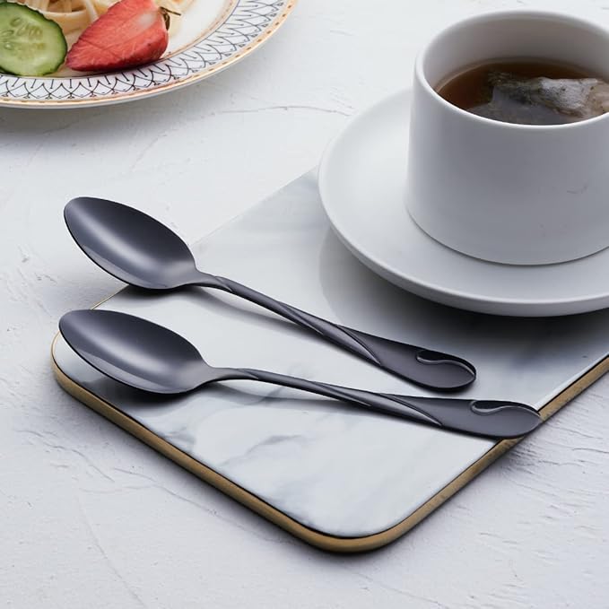 Black Dessert Spoon Set, Seeshine 6.5-inch Stainless Steel Shiny Black Teaspoon, Espresso Coffee Spoon, Set of 6