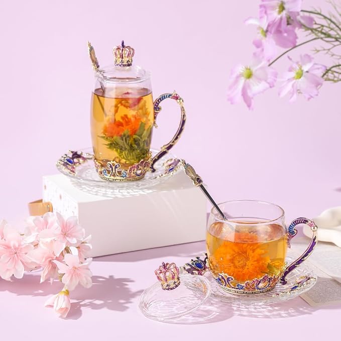 Tea Mugs for Women Purple Tea Cups with Lid Spoon Saucer Crown Glass Coffee Mug Mothers Day Gifts Thanksgiving Christmas Gift(12oz Crown)