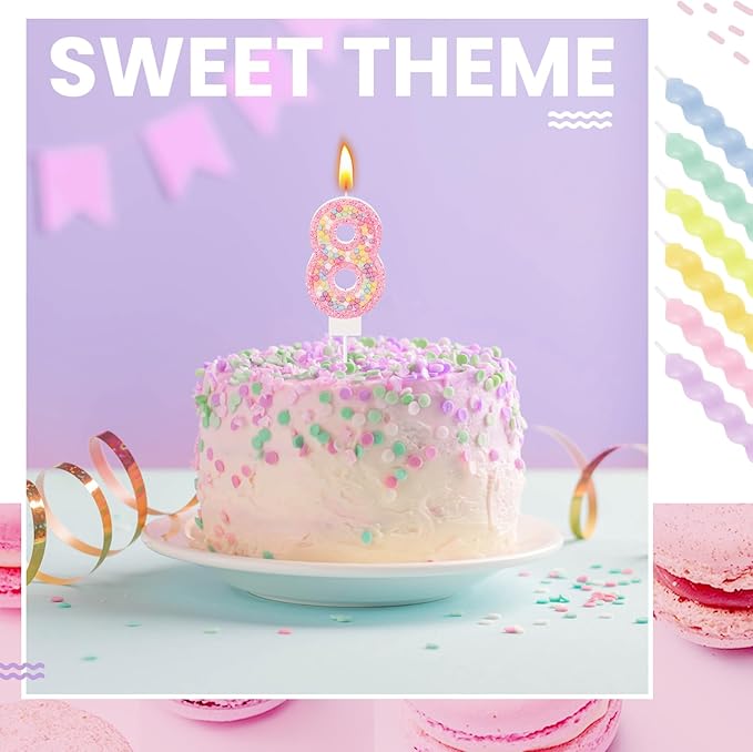 MTLEE Number 8 Birthday Candle with 12 Pcs Spiral Candles for Girls Macaron Pastel Rainbow Unicorn Pink Cake Topper for Sweet Theme Party Decoration