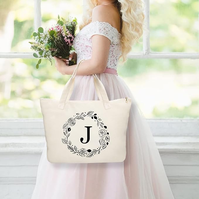 Personalized Initial Canvas Tote Bag with Zipper, Present Bag with Inner Pocket & Make Up Bag, Great Gifts for Women, Mom, Teachers, Friends, Bridesmaids