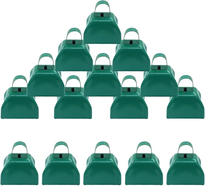 15 Pack 3 Inch Green Metal Cowbells -Cowbells Noise Makers Hand Percussion Cow Bells Loud Cowbells with Handle for Sports Games,Weddings and Parties