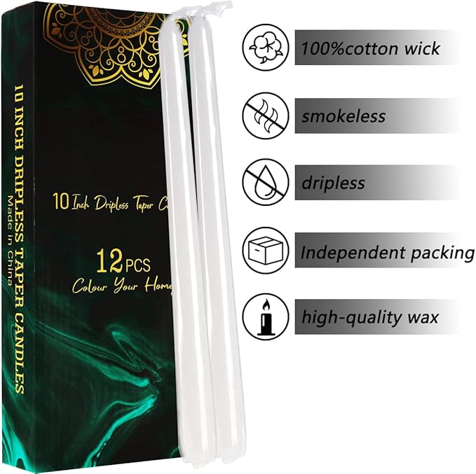 Dripless Taper Candles - Unscented White Candles Bulk - Candle Sticks Long Burning 7.5-8 Hours - for Candlesticks, Dinner Table, Vigil, Advent, Christmas, Thanksgiving, Kwanzaa - 12 Pack,10 Inch Tall