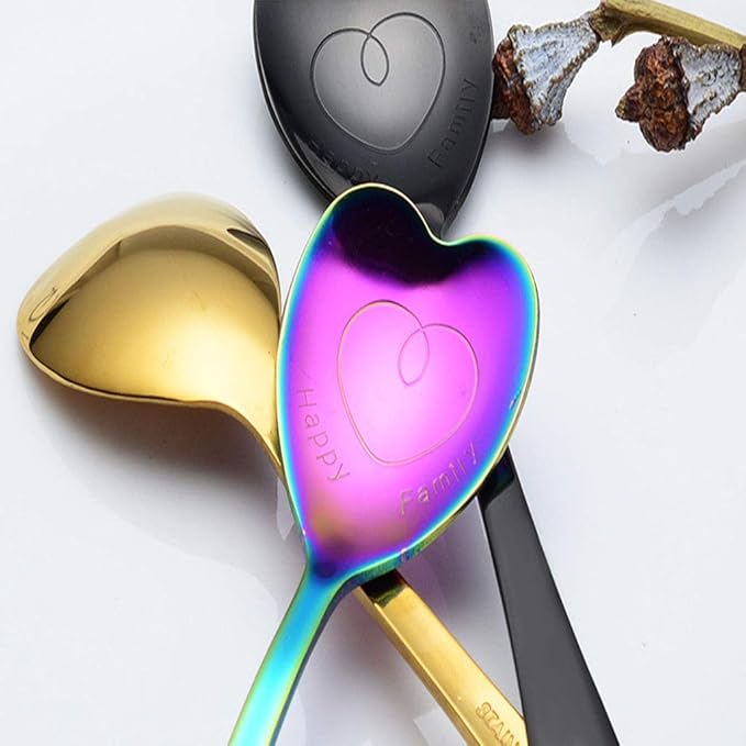 7 Pcs Stainless Steel Heart-Shaped Spoons - Cute Dessert, Ice Cream & Tea Spoons - Perfect Love Gifts (Black)