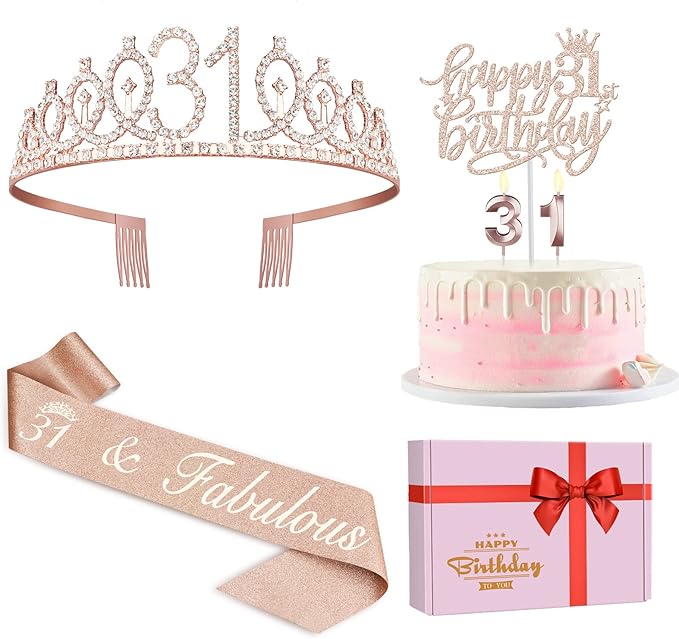 31 Birthday Decorations for Women Including Birthday Sash, Crown/Tiara, Numeral Candles and Cake Topper, 31 Year Old Gifts for Women, Rose Gold Party Decor Supplies