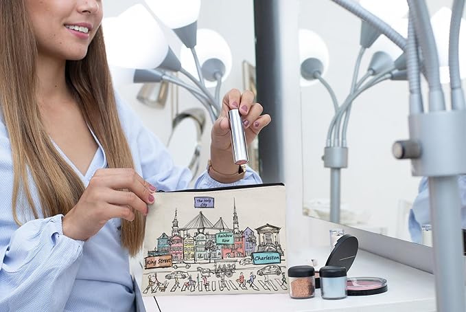 Cities Around the World Artwork Cosmetic Bag Series – Designed in USA, Travel Makeup Bag with Zipper, Souvenir Gift for Women, Artwork Organizer for Purse or Toiletry (Charleston)