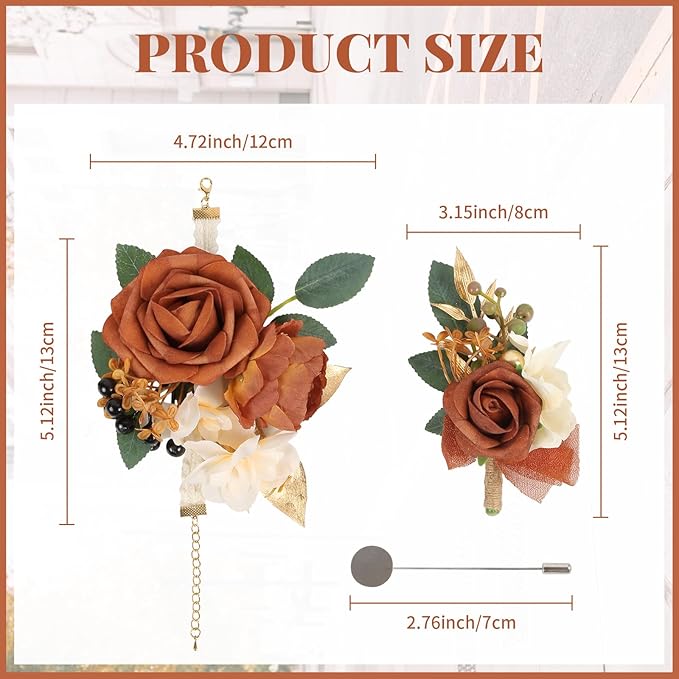 2Pcs Wedding Corsage and Boutonniere Set Orange Rose Corsage Wristlet and Boutonniere for Men Women Groom Bride Bridesmaid Groomsmen Wedding Party Accessory Prom Decoration (Orange)