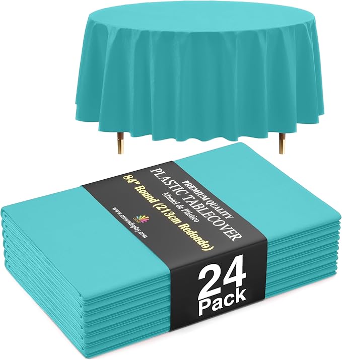Exquisite 66% Thicker Premium Aqua Round Tablecloth 0.5 Mil 24 Pack Plastic Table Cloth Disposable 84 Inch Round Plastic Tablecloth Won't Tear Easily Like Cheap Thin Brands