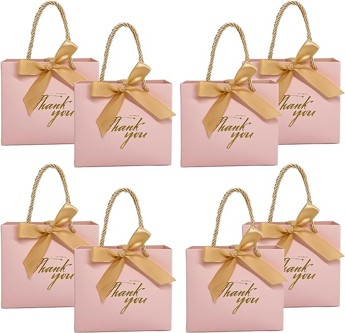TKSBAG 50Pack Small Thank You Gift Bags With Handles-5.5''x 2.5''x4.7'' Mini Pink Gift Bags Bulk for Baby Shower, Birthday, Wedding, Party Favors