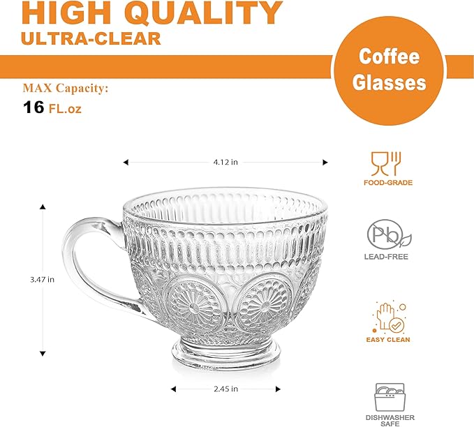 LUXU Vintage Glass Coffee Tea Mugs(Set of 4)-Wide Mouth-16 oz-Large Coffee Tea Cups,Clear Glass Breakfast Soup Mugs,Lead-free Drinking Glassware for Water,Milk,Cappuccino,Dessert,Beverages