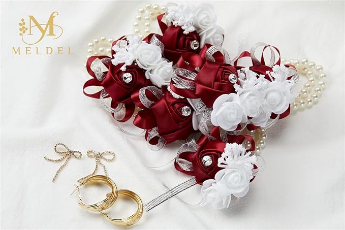 Meldel Wine Red Wrist Corsages for Prom, 2pcs Burgundy Rose Corsages for Bridal Bridesmaid Girl Mother Women, Wrist Flower Hand Flower for Wedding Ceremony Anniversary, Party,Homecoming