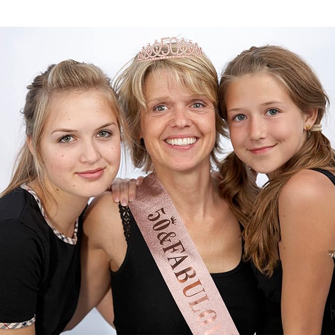 Rose Gold 50th Birthday Sash and Tiara Set - '50 and Fabulous' Sash, Crown for Women's Milestone Celebration and Decorations