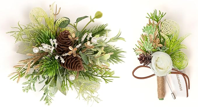 TINGE TIME Corsage and Boutonniere Set, Prom Flower Wrist Corsage Wristlet, Boutonniere for Men Wedding Flowers Accessories Prom Suit Decorations (White Ivory Greenery)