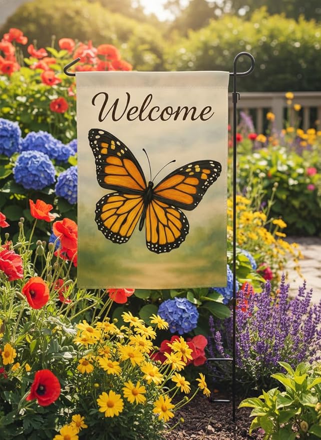 FLAGMEUP8386 Welcome Monarch Butterfly Garden Flag 12x18 Inch Double-Sided Polyester Yard Banner with Bright Wings, Outdoor Decorative Flag for Garden, Patio, Porch, Families, Seasonal Celebrations
