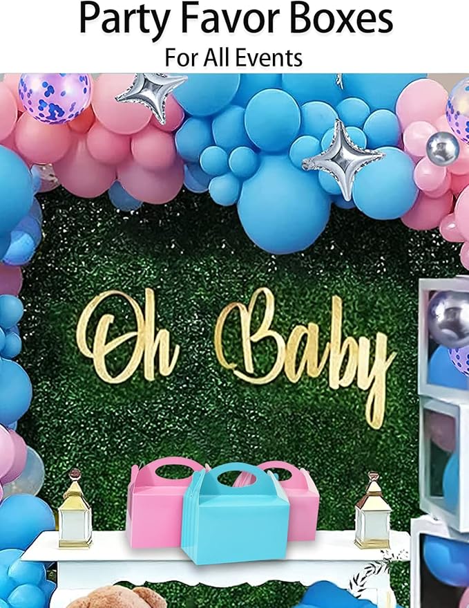Pink and Blue Happyhiram Party Favor Boxes 12 Pcs for Gender Reveal Party Decoration, Handle Treat Boxes Gable Boxes 6" Tall for Centerpieces at Baby showers Kids Birthday Mini Gift Boxes for Boys and Girls