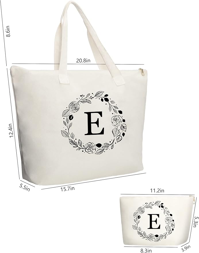 Personalized Initial Canvas Tote Bag with Zipper, Present Bag with Inner Pocket & Make Up Bag, Great Gifts for Women, Mom, Teachers, Friends, Bridesmaids
