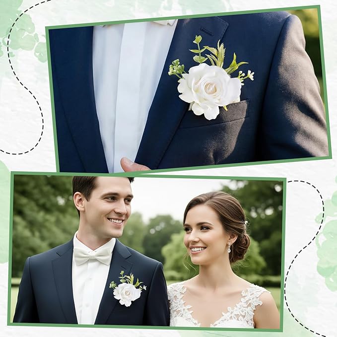 Corsage and Boutonniere Set,6Pcs Wedding Boutonniere for Men and Women, White Rose Boutonnieres for Wedding Ceremony, Prom, Anniversary, Formal Events