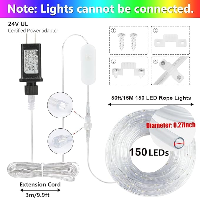 StarryEver 50ft 150LED Rope Lights Outdoor String Lights, 24 Colors+Warm White Outdoor LED Lights Plug in, RGB Color Changing Rope Light with Remote Rope Lighting for Camping Garden Patio
