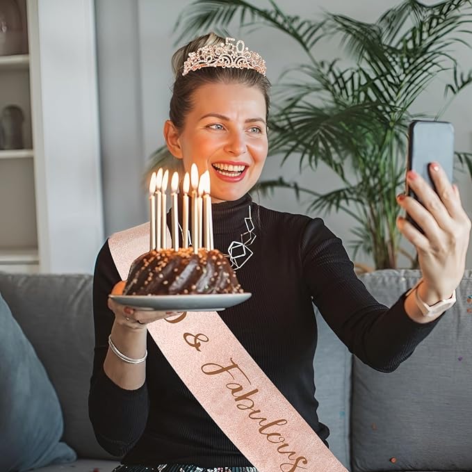 Semato Rose Gold 50th Birthday Tiara & Sash Set for Women - Rhinestone Crown & Glitter Sash - Party Supplies & Favors