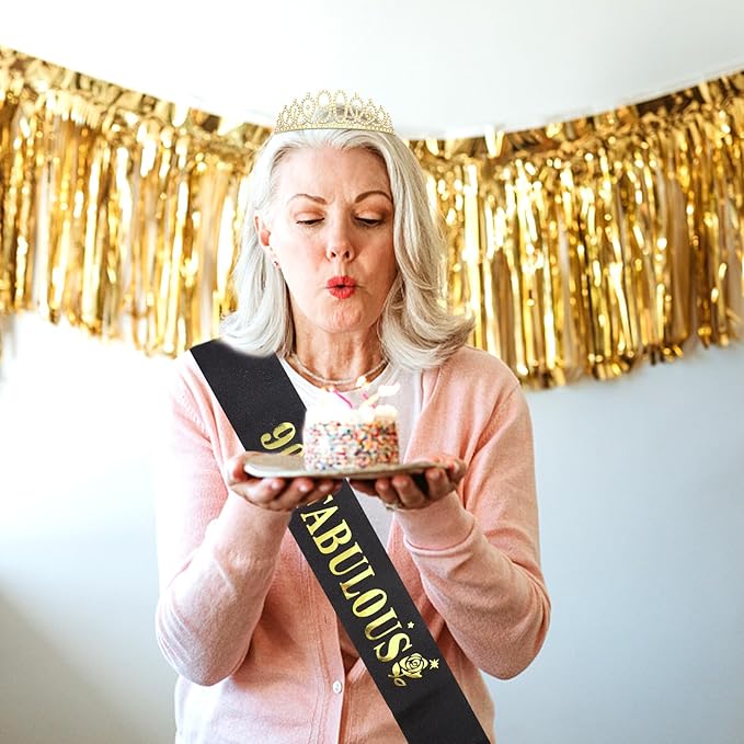 Casoty 90th Birthday Sash and Tiara, Birthday Decorations for Women, 90 & Fabulous Sash and Crown Set, Party Supplies for Women, Gift for Her