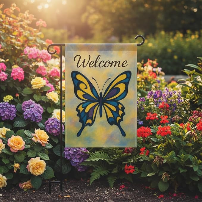 FLAGMEUP8386 Welcome Butterfly Garden Flag 12x18 Inch Double-Sided Polyester Yard Banner with Swallowtail Artistic Blue & Yellow Design, Outdoor Décor for Fall Gardens Seasonal Greetings
