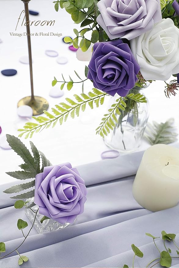 Floroom Artificial Flowers 25pcs Real Looking Violet Purple Ombre Colors Foam Fake Roses with Stems for DIY Wedding Bouquets Bridal Shower Centerpieces Party Tables Home Decorations