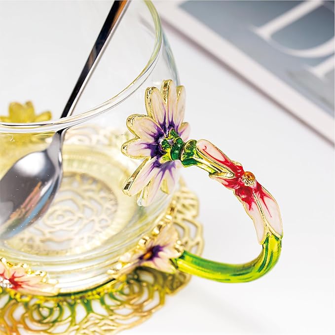 Flower Tea Cup ,Daisy Flower Clear Glass Fancy Coffee Cup with Spoon,Gift Box for Her Mom Wife Grandma Girls Friends Valentines Christmas Birthday Present Idea for Juice,Hot And Cold Drinks Use