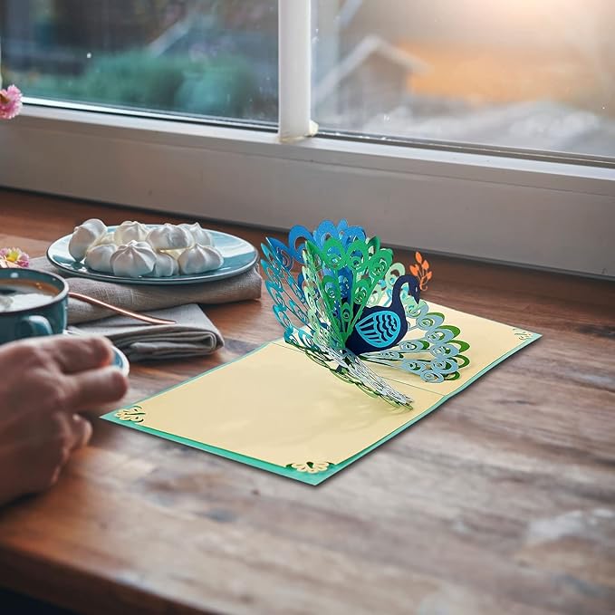 CUTE POPUP Blue Peacock 3D Popup card handcrafted paper gift for Mom, Wife or Nature lover