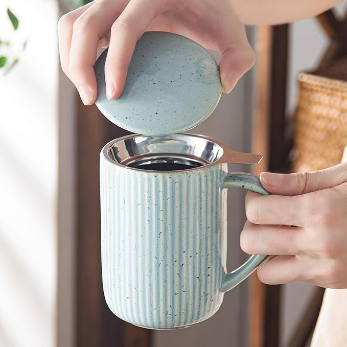 Yundu 15.5oz/470ml Flambe Blue Ceramics Teacups with Infuser and Lid, Loose Leaf Tea Cup