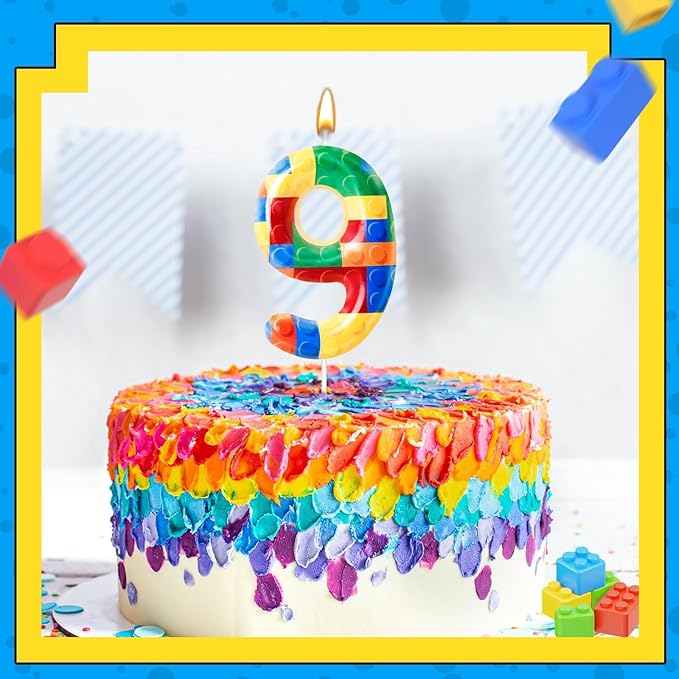 Building Block Themed Birthday Candle Number 9 Candle Birthday Party Decoration Cake Topper for Building Block Party Decoration Theme Parties Supplies (Number 9)