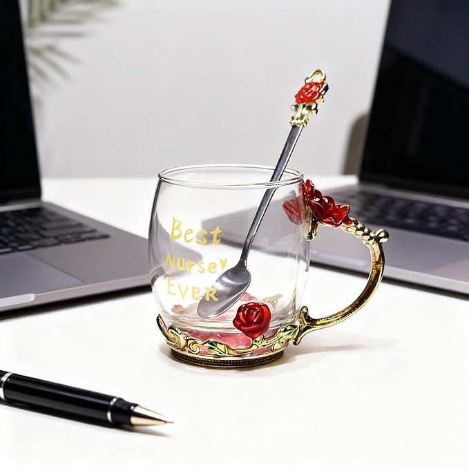 National Nurses Day Flower Glass Cup with Unique Flower Printing and Spoon - Ideal Nurse Christmas Gift (Nurse)