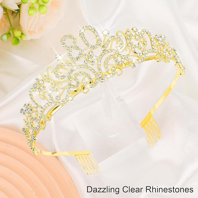 CIEHER 80th Birthday Decorations for Women - 80th Birthday Crown + 80 & Fabulous Birthday Sash + Pearl Pin Set, Gold 80th Birthday Tiara, 80th Birthday Gifts Women